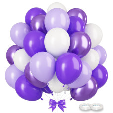 Gremag Purple And White Balloons 12Inch Purple Macaron White Metallic Purple Balloon Kit With Ribbons 60 Pcs Latex Balloons Fo