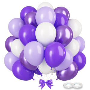 Gremag Purple And White Balloons 12Inch Purple Macaron White Metallic Purple Balloon Kit With Ribbons 60 Pcs Latex Balloons Fo