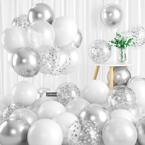 White And Silver Balloons 60 Pcs Silver And White Balloons Set With Chrome Silver Confetti Metallic Silver Balloons Globos Pla