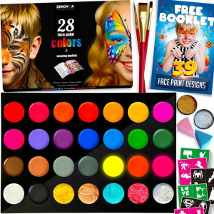 Zenovika Face Painting Kit For Kids Nontoxic And Hypoallergenic Face Paint Kit With 28 Colors Stencils Book And Profession