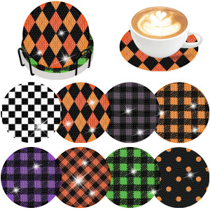 8 Pcs Halloween Plaid Diamond Art Coasters Kits With Holder Diy Halloween Plaid Diamond Art Coaster Non Slip Coaster For Adults