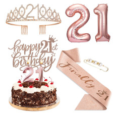 Agqrdkrc 21St Birthday Decorations For Her Rose Gold Include 21St Birthday Crown 21St Birthday Sash With Pearl Pin Cake Topper