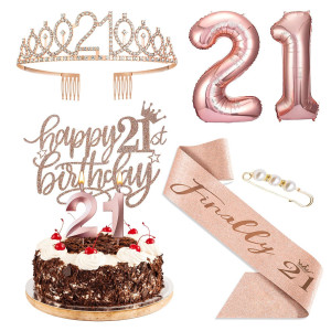 Agqrdkrc 21St Birthday Decorations For Her Rose Gold Include 21St Birthday Crown 21St Birthday Sash With Pearl Pin Cake Topper