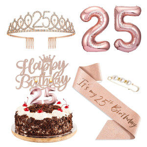 Agqrdkrc 25Th Birthday Decorations For Women Rose Gold Include 25Th Birthday Crown Birthday Queen Sash With Pearl Pin Cake Toppe