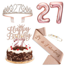 Agqrdkrc 27Th Birthday Decorations For Women Rose Gold Include 27Th Birthday Crown Birthday Queen Sash With Pearl Pin Cake Toppe