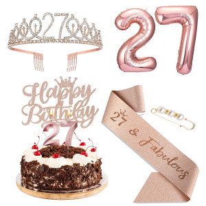 Agqrdkrc 27Th Birthday Decorations For Women Rose Gold Include 27Th Birthday Crown Birthday Queen Sash With Pearl Pin Cake Toppe