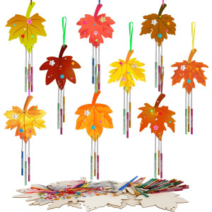 Fennoral 9 Pack Fall Wind Chime Kit For Kids Make You Own Maple Leaf Wind Chime Diy Coloring Fall Craft Wooden Hanging Ornaments