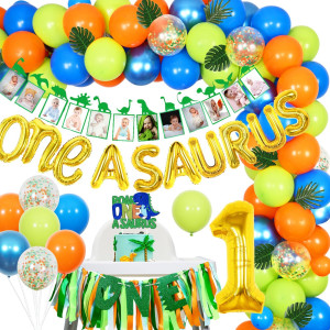 Sursurprise One A Saurus Birthday Decorations, Dinosaur 1St Birthday Party Supplies, One A Saurus Balloon Garland Arch Kit First Birthday Highchair Banner Photo Banner, T-Rex Roar Party Decor For Boy