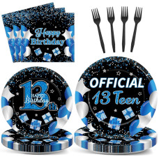 100 Pcs 13Th Birthday Decorations For Boys Official Teen 13Th Supplies Plates Napkins Forks Set Disposable Blue 13Th Birthday Ta