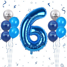 40 Inch Blue Number 6 Balloon 6Th Birthday Balloons 11Pcs Silver Birthday Print Balloons Dark Light Blue Latex Balloons 6 Foil