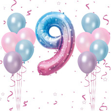 40 Inch Gradient Blue Pink Number 9 Balloon 9Th Birthday Balloons 11Pcs Pearl Light Purple Pink Blue Latex Balloons 9 Foil Bal