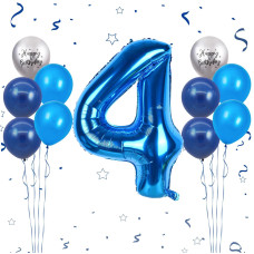 40 Inch Blue Number 4 Balloon 4Th Birthday Balloons 11Pcs Silver Birthday Print Balloons Dark Light Blue Latex Balloons 4 Foil