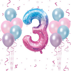 40 Inch Starry Sky Number 3 Balloon 3Rd Birthday Balloons 11Pcs Pearl Light Purple Pink Blue Latex Balloons Giant 3 Foil Ballo