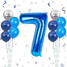 40 Inch Blue Number 7 Balloon 7Th Birthday Balloons 11Pcs Silver Birthday Print Balloons Dark Light Blue Latex Balloons 7 Foil