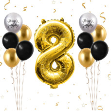 40 Inch Gold Number 8 Balloon 8Th Birthday Balloons 11Pcs Gold Black Latex Balloons Silver Birthday Print Balloons Digital 8 F