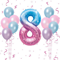 Funhot 11Pcs Starry Blue Pink Balloon Set For Girls Including 40 Inch Number 8 Balloon 12 Inch Pearl Balloons Ribbon Childre