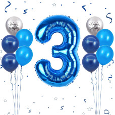 40 Inch Blue Number 3 Balloon 3Rd Birthday Balloons 11Pcs Silver Birthday Print Balloons Dark Light Blue Latex Balloons 3 Foil