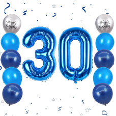 40 Inch Blue Number 30 Balloons 30Th Birthday Balloons Silver Birthday Print Balloons Dark Light Blue Latex Giant Balloons 30