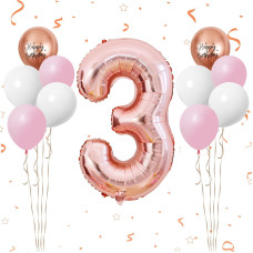 40 Inch Rose Gold Number 3 Balloon 3Rd Birthday Balloons 11Pcs Rose Gold Birthday Print Balloons Matt White Pink Latex Balloon