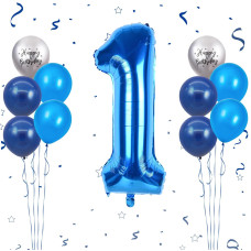 40 Inch Blue Number 1 Balloon 1St Birthday Balloons 11Pcs Silver Birthday Print Balloons Dark Light Blue Latex Balloons 1 Foil