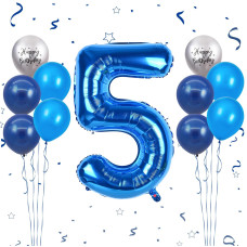 40 Inch Blue Number 5 Balloon 5Th Birthday Balloons 11Pcs Silver Birthday Print Balloons Dark Light Blue Latex Balloons 5 Foil