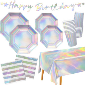 Iridescent Party Supplies Disposable Paper Plates Cups Napkins Tablecloth Banner Ideal For Mermaid Themed Events Birt