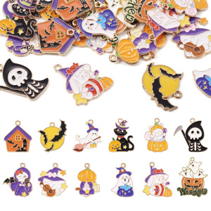 Kissitty 24Pcs Halloween Enamel Charms Light Gold Skull Ghost Cat Pumpkin Witch Lantern Dangle Pendants For Necklace Bracelet Ea