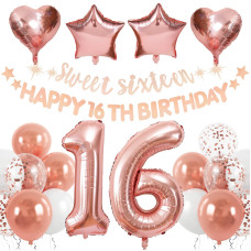 Rubfac Sweet 16 Party Decorations Rose Gold Happy 16Th Birthday Decorations Happy 16Th Birthday Banner Garland Number Foil Bal