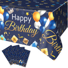 Funhot Birthday Tablecloths Navy Blue And Gold Birthday Decorations 4 Pcs 54 X 108 Inch Waterproof Rectangle Happy Birthday Ta