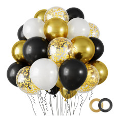 Rubfac 100Pcs 12 Inches Black And Gold Confetti Balloons Kit Metallic Gold And Black White Party Balloons With Ribbons For Birt