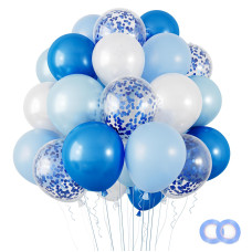 Rubfac 100 Pcs 12 Inches Blue Confetti Balloons Kit Frozen Balloon Light Blue Baby Blue And White Party Balloons With Ribbons