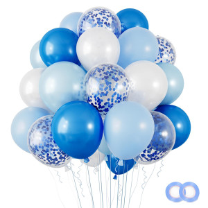 Rubfac 100 Pcs 12 Inches Blue Confetti Balloons Kit Frozen Balloon Light Blue Baby Blue And White Party Balloons With Ribbons