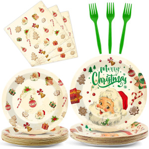 Qyeahkj 100 Pcs Christmas Xmas Party Paper Plates And Napkins Vintage Holiday Party Supplies Birthday Party Tableware Set Table