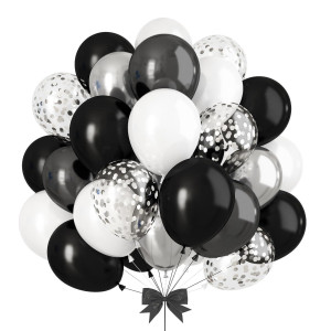 Gremag Black And White Balloons 12Inch Black Silver White Metallic Confetti Balloon Kit With Ribbon 60 Pcs Latex Balloon For B