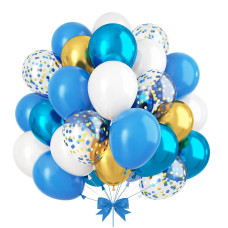 Gremag Blue And Gold Balloons 12Inch Dark Blue White Metallic Blue Gold Confetti Balloon Kit With Ribbon 60 Pcs Latex Balloon