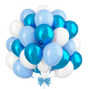 Gremag Blue And White Balloons 12Inch Macaron Blue White Metallic Blue Balloon Kit With Ribbons 60 Pcs Latex Balloons For Birt