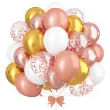 Gremag Rose Gold Balloons 12Inch White Gold Pearl Metallic Rose Gold Confetti Balloon Kit With Ribbon 60 Pcs Latex Balloon For