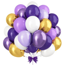 Gremag Purple And Gold Balloons 12Inch Dark Macaron Purple White Metallic Purple Gold Balloon Kit With Ribbon 60 Pcs Latex Bal