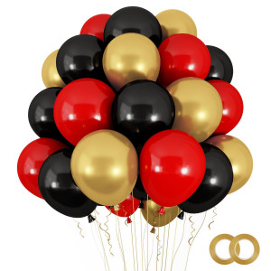 Rubfac 100Pcs 12 Inches Red Black And Gold Balloons Kit Metallic Chrome Gold And Latex Red Black Balloons With Ribbons For Birt