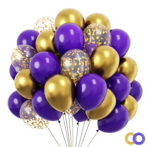 Rubfac 120Pcs Purple Gold Balloon Kit 12 Inches Purple Metallic Chrome Gold And Confetti Balloons For Birthday Wedding Annivers