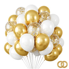 Rubfac 120Pcs 12 Inches White Gold Balloon Kit Metallic Chrome Gold And Confetti Balloons For Birthday Wedding Engagement Brida