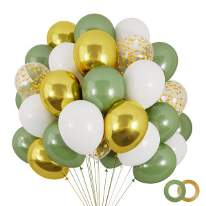 Rubfac 120Pcs Sage Green Gold Balloons Kit Sage Green Gold And White Party Balloons With Gold Confetti Balloons For Birthday E