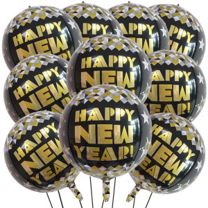 Kalor 22 Inch Happy New Year Mylar Balloons 10 Pcs Large 4D Giant Round Foil Balloon Metallic Balloons For Happy New Year Decor