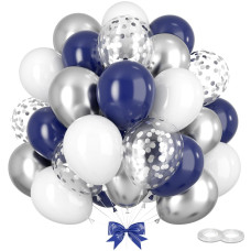 Gremag Navy Blue And Silver Balloons 12Inch Navy Blue White Metallic Silver Confetti Balloon Kit With Ribbons 60Pcs Latex Ball