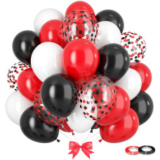 Gremag Red And Black Balloons 12Inch Red Black And White Confetti Balloon Kit With Ribbons 60Pcs Latex Balloons For Birthday W