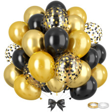 Gremag Black And Gold Balloons 12Inch Black Metallic Gold Pearl Gold Confetti Balloon Kit With Ribbon 60Pcs Latex Balloon For