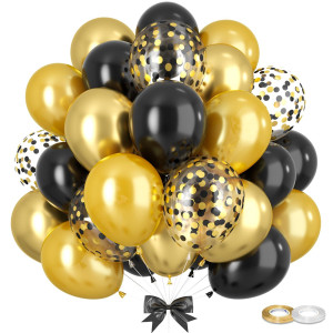 Gremag Black And Gold Balloons 12Inch Black Metallic Gold Pearl Gold Confetti Balloon Kit With Ribbon 60Pcs Latex Balloon For