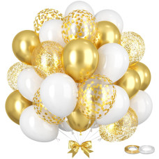 Gremag White And Gold Balloons 12Inch Metallic Gold White Confetti Gold Balloon Kit With Ribbons 60Pcs Latex Balloons For Birt