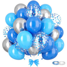 Gremag Blue And Silver Balloons 12Inch Dark Blue Light Blue Metallic Silver Confetti Balloon Kit With Ribbons 60Pcs Latex Ball