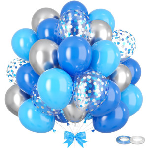 Gremag Blue And Silver Balloons 12Inch Dark Blue Light Blue Metallic Silver Confetti Balloon Kit With Ribbons 60Pcs Latex Ball